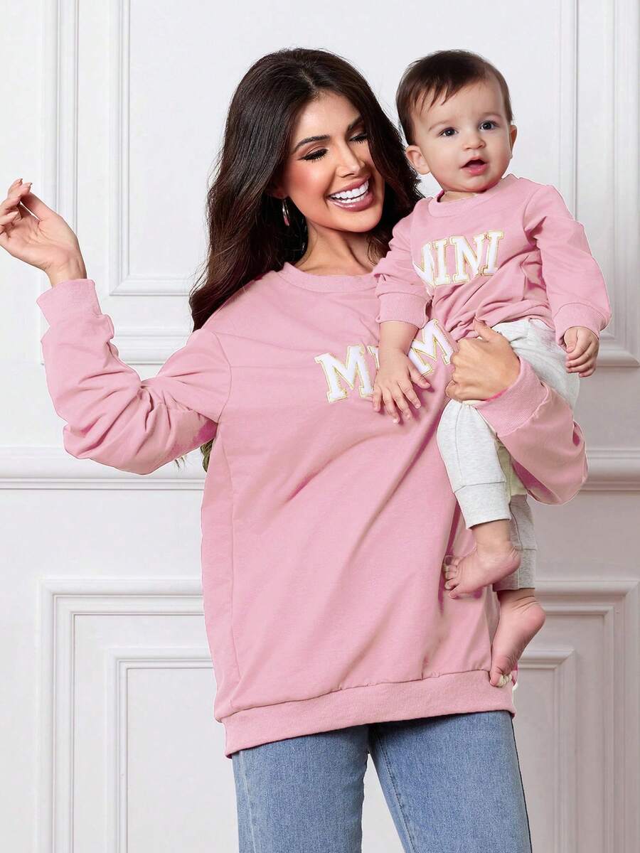 Mommy And Me Matching Outfits Christmas/Halloween Sweatshirts Family Matching Xmas Clothes Long Sleeve Crewneck Mama/Mini Letter Print Sweatshirts Pullover Tops Winter Fall Clothes - Màu Hồng  Dưa hấu - Xem 1