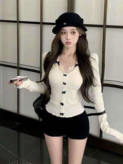 蝴蝶结二合一针织毛衣，性感蕾丝吊带背心，春季女士叠穿上衣