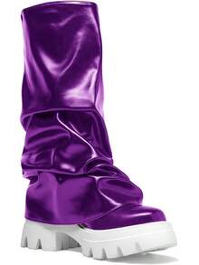 Women's Platform Round Toe Mid Calf Boots With Chunky Heel - M-purple - View 11