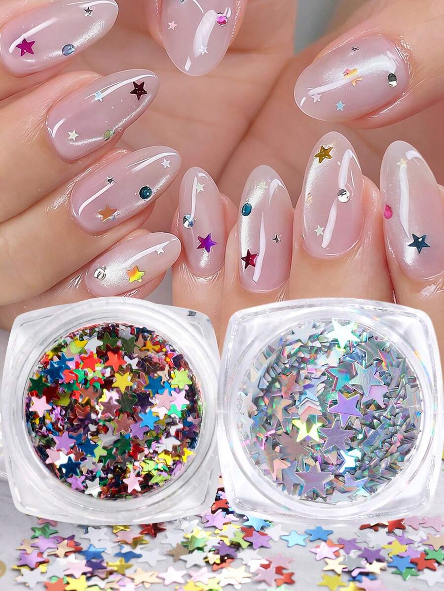 Decoración de uñas con estrellas brillantes, Purpurina con forma de estrella de cinco puntas, Pegatinas de gel ultradelgadas y sencillas, Decoraciones de arte de uñas populares en línea, Pegatinas de uñas ultradelgadas con láser - Multicolor - Ver 1