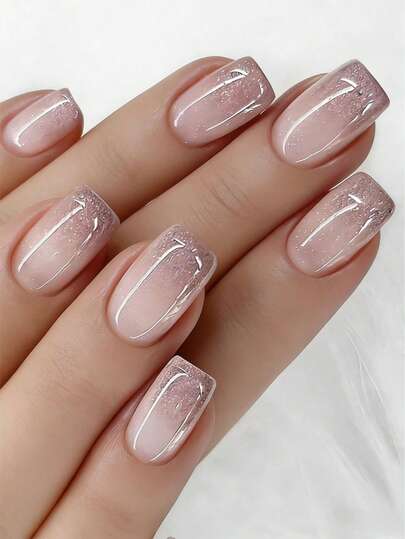 24pcs Press On Nails Medium Square French Nails Y2k Light Gray Nails Glitter Reusable Press On Acrylic Nails Fake Nails Supplies Free Of 24 Pieces Of Jelly Tabs And A Mini File