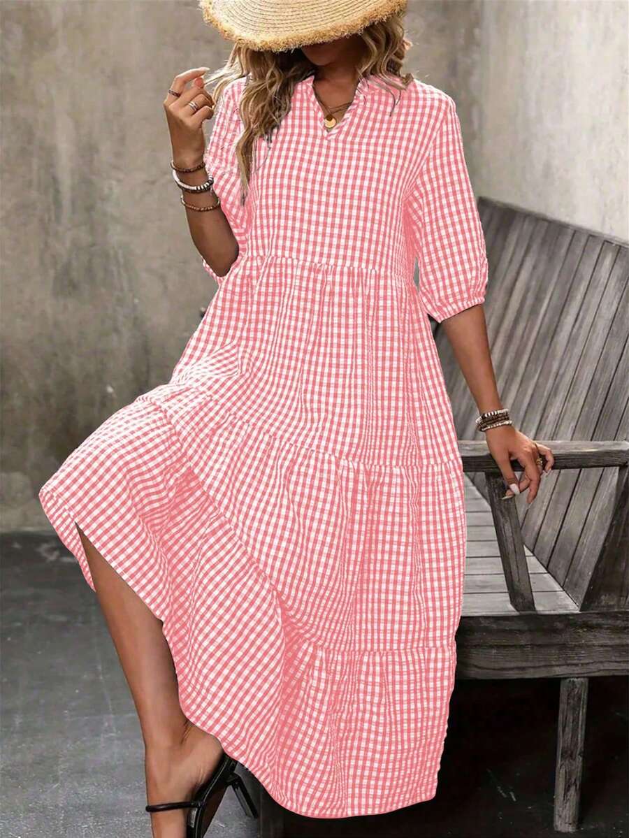 春夏轻薄涤纶褶皱纹理面料中长格纹圆领优雅休闲A字连衣裙 粉色 - 粉色 - 查看 1