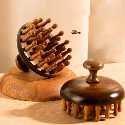 1pc Premium Sandalwood Round Massage Comb, Scalp Brush For Hair Follicle Stimulation And Hair Care