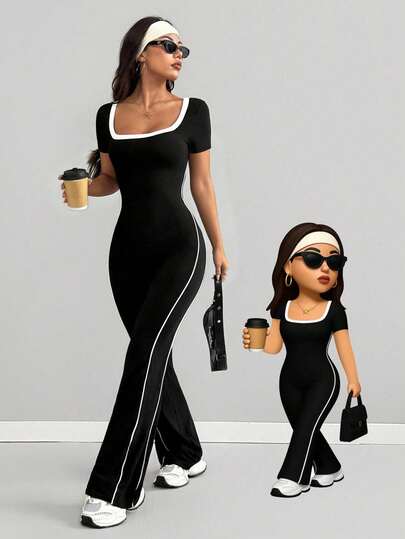 AITYI Studio Women's Black Jumpsuit, Well-Fitted Casual Daily Wear, Square Neck Color Block Fashionable Sexy Slim Fit Outdoor Fitness Sports Commute Outfit, Elegant Party Club Street Wear, Suitable For Spring, Graduation, Music Festival, Independence Day, Stretchy Knit Short Sleeve Bodycon Long Pants