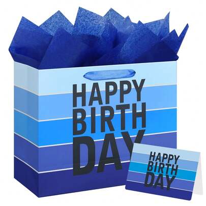 1套/2套/5套，渐变蓝色条纹生日快乐礼品袋，包含包装纸、贺卡和提手，适合男士生日派对装饰，或作为送给儿子、孙子或朋友的生日礼物袋。蓝色渐变生日快乐礼品袋套装 - 条纹图案，搭配蓝色包装纸和配套贺卡，适用于生日派对、礼品包装和派对回礼。