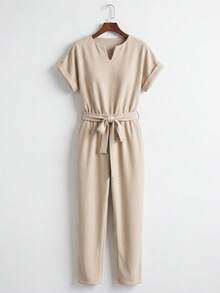 女士两件套休闲V领短袖上衣搭配松紧腰长裤，优雅商务休闲装，配腰带 - 米色 - 查看 6