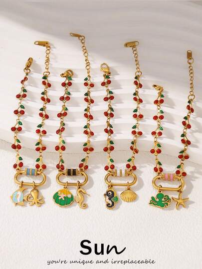 1 pieza Pulsera de acero inoxidable con colgante de concha marina y estrella de mar para mujer, con broche de moda, esmalte y cadena de cereza