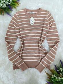 This Women's Striped Round-Neck Blouse Is Made Of Modal Fabric. - Khaki and White - View 3