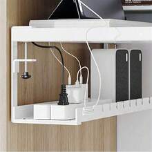 Bandeja de gestión de cables de malla metálica para debajo del escritorio, con clips para la instalación, 3 agujeros, bandeja organizadora de cables con gestión de cables de escritorio y debajo del escritorio, ajustable, adecuada para escritorio de oficina en casa - Blanco - Ver 4