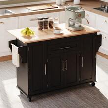 Mobile Kitchen Island 120*45cm, Kitchen Trolley, Worktop Extendable Up To 70cm, Concealed Cutlery Drawer, Adjustable Shelves, Spice Rack And Towel Rail, Suitable For The Kitchen, Dining Room Or Living Room - 黑色+自然木色 - 查看 3