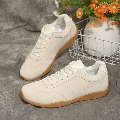 Women Breathable Soft Minimalist Retro Sneakers Beige Suede Leather Non-Slip Casual Trainers For Fitness Skate Tennis Basketball Daily Walking Commute
