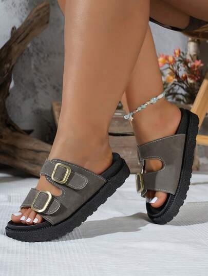 宽楦双带设计，厚底，时尚百搭，舒适轻便，露趾，休闲运动凉鞋，沙滩拖鞋，适合户外休闲