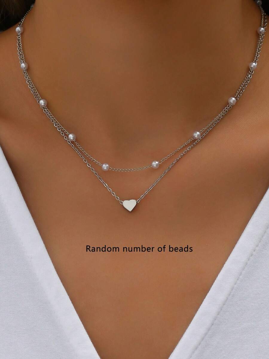 Bộ 2 mặt dây chuyền trái tim trang trí ngọc trai giả nhiều lớp có thể điều chỉnh dành cho phụ nữ ngày lễ tình nhân, mẹ, mẹ, ngày của mẹ, quà tặng - Bạc - Xem 1