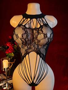 1件性感黑色提花吊带露裆连体紧身衣内衣 - 黑色 - 查看 4