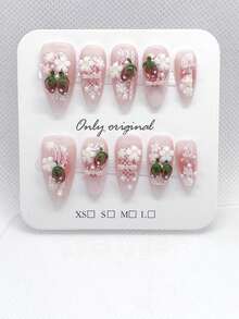 10Pcs Handmade Medium Almond Acrylic Press On Nails, Coquette French 3D Strawberry Fake Nails, Lace Bow Pearl Floral Nude Gradient Tips, Cottagecore Soft Girl Manicure For Bridal Vacation Daily Party Wear, Reusable Easy To Apply - Pink - View 2