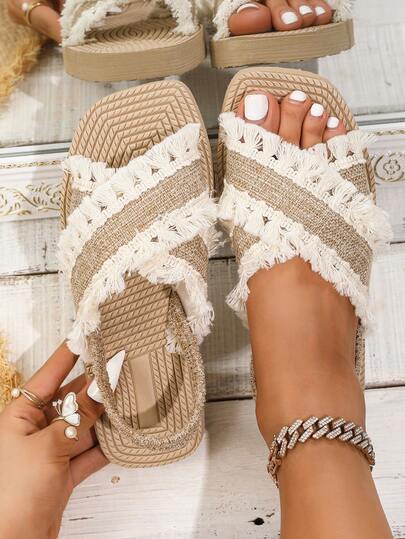 Kate Miuch Khaki Women's Flat Sandals With Tassels, Versatile, Sweet And Fashionable, Suitable For Spring/Summer Khaki Women's Elastic Strap Sandals, Comfortable, Casual, British Academy Style, Suitable For Spring/Summer Apricot Women's Slip-On Slippers, French Urban Commute Casual Style, Suitable For Beach Vacation, Barbecue Party, Back To School Season, Festival