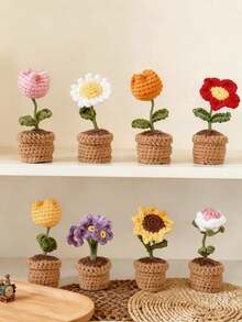 POKOJA LAND 手工编织郁金香盆栽、钩针向日葵盆栽、心形花桌面摆件、编织玫瑰花成品、勿忘我盆栽、仿真花桌面摆件、派对小礼物 - 彩色 - 查看 2