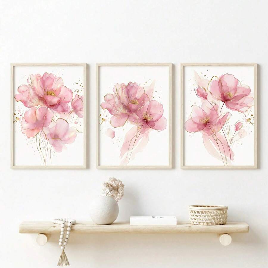3 Imprimeuri Florale Elegante pe Pânză în Nuanțe de Foiță de Aur și Gri Pudră, Disponibile cu sau fără Rame; Decor Interior, Motive Florale, Artă Murală Botanică Modernă; Potrivite pentru Dormitoare, Camere de Zi sau Birouri; Postere Botanice Abstracte; Un Cadou pentru Ea - Multicolor - Vizualizare 1