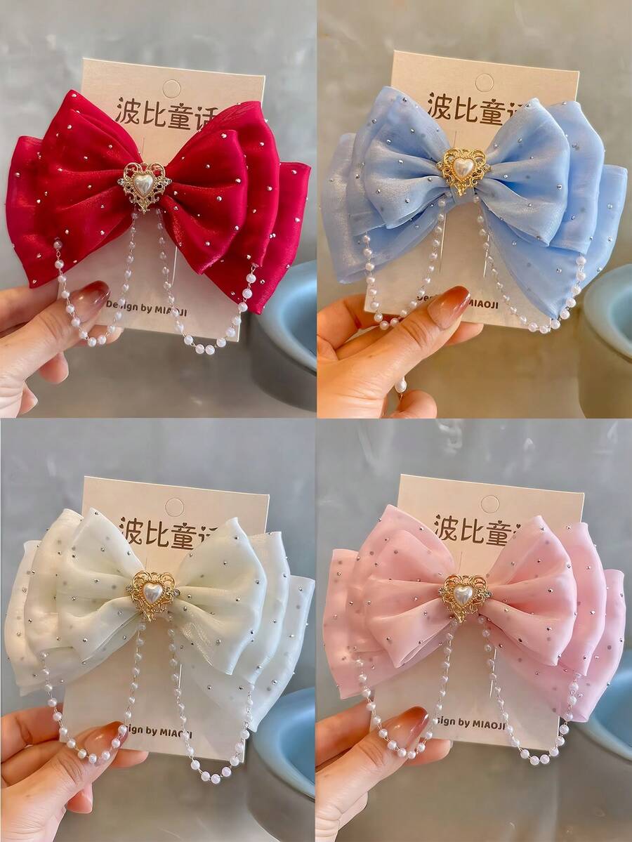 1 pieza Clip de pelo con lazo lindo, clip de pelo con forma de corazón con borla de perlas, accesorio de pelo de estilo princesa brillante para fiesta de cumpleaños y cosplay - Multicolor - Ver 1