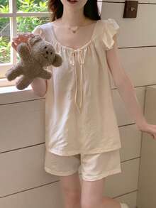 2pcs Spring/Summer New Square Neck Camisole & Shorts Pajama Set, Casual Solid Color Comfortable Sleepwear, Loungewear | Cute Pajama Set | Easy Care Fabric - Champagne - View 5