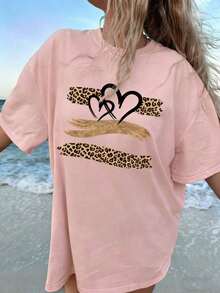 Summer TopsWomen's Summer New Simple Slogan Print Casual Vacation Style Loose Fit Round Neck Short Sleeve T-Shirt, Fashionable Everyday Top, Suitable - 淺粉色 - 查看 9