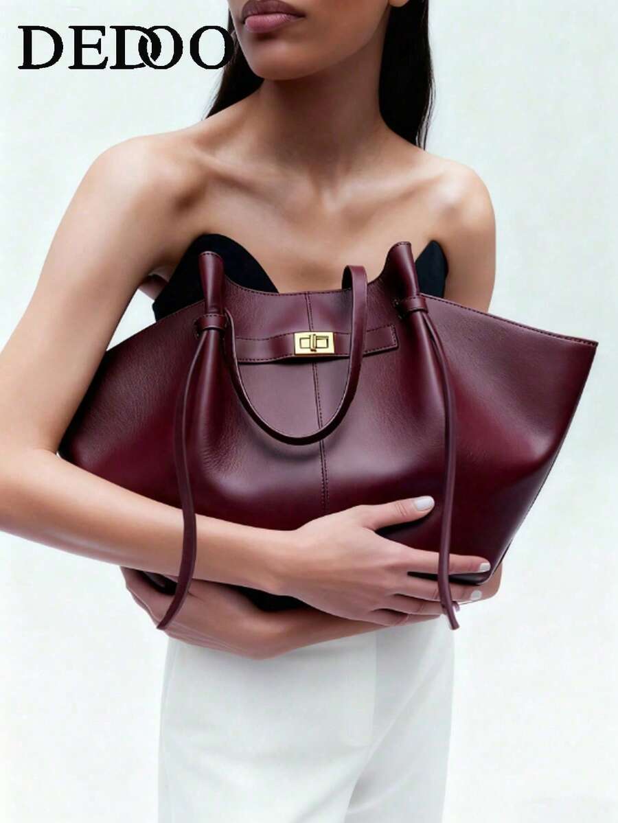 Dedoo 时尚大容量梯形设计奢华PU皮革女士单肩包，设计师款别致锁扣手提包，高品质腋下包