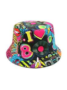 1 chiếc mũ xô hai mặt kiểu retro thập niên 80, in chữ và họa tiết ngẫu nhiên, thích hợp cho mùa xuân/hè, đi biển, du lịch. - A - Xem 2