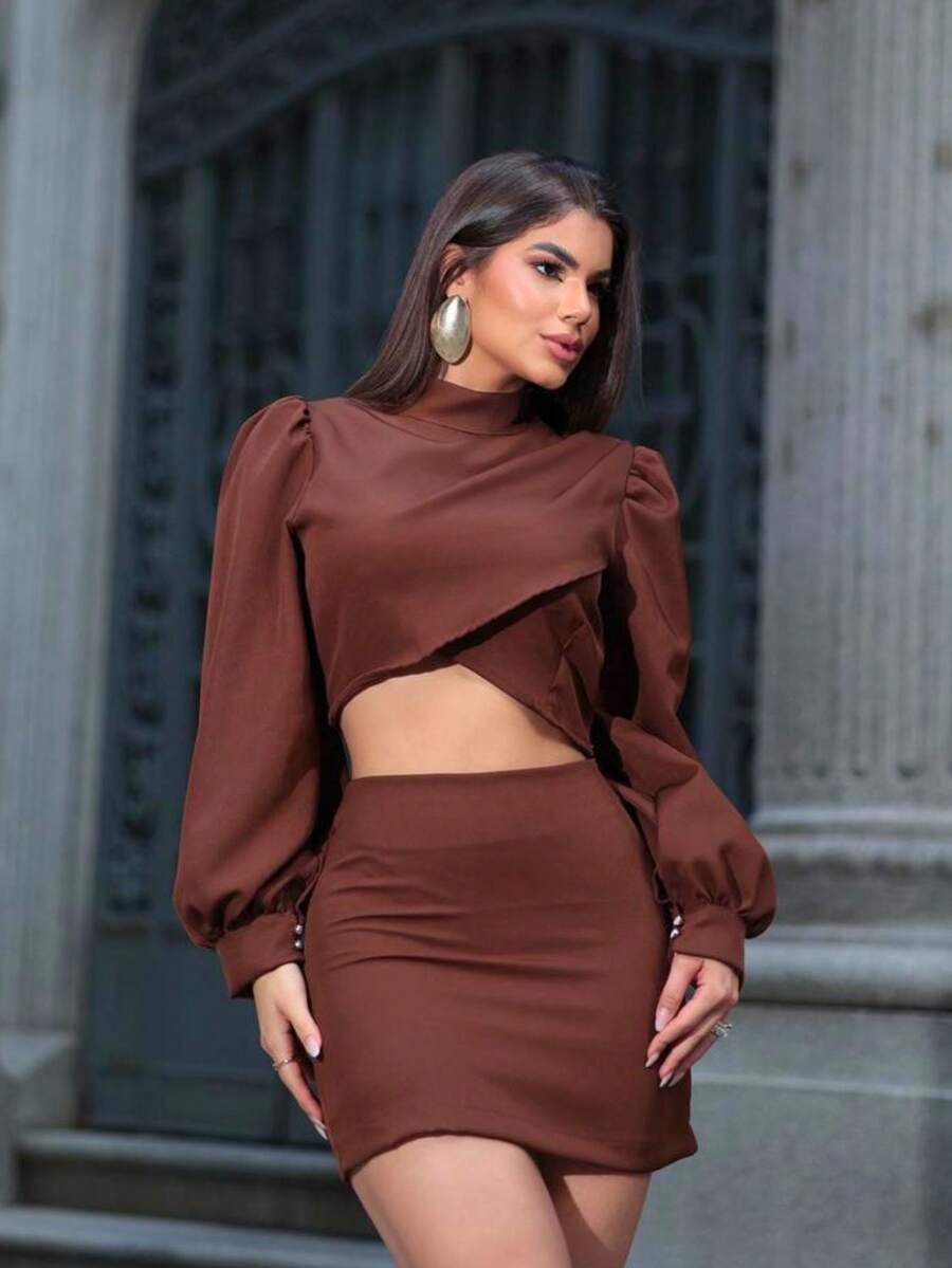 Women's Tailored Set Cropped Long Puff Sleeve And Short Skirt Elegant Party Fashion Autumn Winter - 鏽棕色 - 查看 1