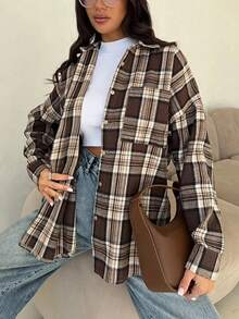 Women's Comfortable Casual Retro Plaid Front Button Pocket Long Sleeve Shirt, New Spring Style, Popular Spring Jacket - Brown and White - View 3