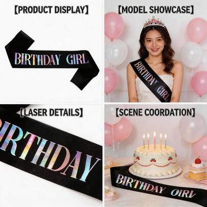 Dải băng sinh nhật cho bé gái với hiệu ứng ánh kim ba chiều, dải băng sinh nhật chữ cắt laser màu đen, thích hợp trang trí tiệc sinh nhật cho nữ, đồ dùng tiệc sinh nhật cho bé gái, quà tặng sinh nhật, đi biển, đám cưới.
