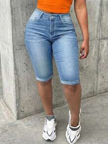 Women's Casual Distressed Elastic Denim Shorts, Suitable For Commuting And Daily Wear, Spring/Summer - Light Wash - View 3