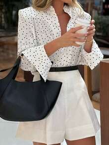 Look Polly 女士优雅波点V领衬衫，喇叭袖宽松休闲上衣，适合派对和日常穿着 - 白色 - 查看 9