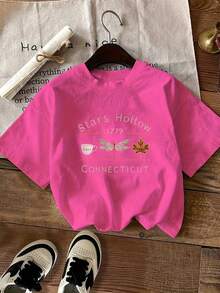 Nueva camiseta de moda para primavera y verano para chicas, con estampado de té de la tarde de otoño y patrón de letras artísticas, elegante camiseta de manga corta, casual, de cuello redondo, ropa de mujer. - Gris Claro - Ver 8
