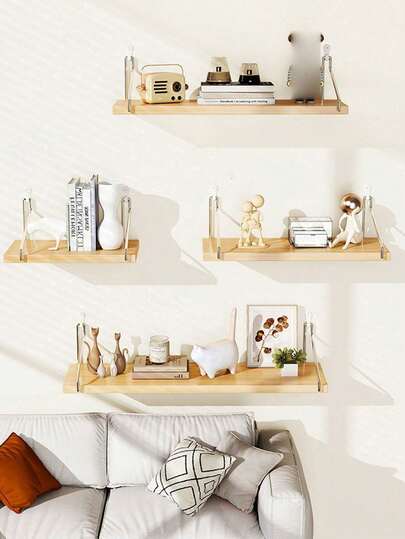 1个（含挂钩）隔断置物架，壁挂式悬浮置物架，无需钻孔，适用于卧室、书房、客厅、浴室、厨房的墙面装饰，木质储物架