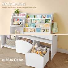 HaluPeit Kinderregal mit Zeitungsständer, Bücherregal Kinder mit 2 Säulen, 4 Ablagen, Spielzeugregal, Kinder mit Aufbewahrungsbox, für Kinderzimmer, Wohnzimmer, 30 x 105 x 100 cm, Weiß - Weiss - Übersicht 7
