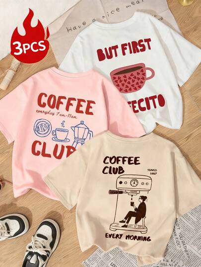 女士宽松咖啡俱乐部印花短袖圆领T恤，Y2K街头风休闲上衣，适合日常咖啡、早午餐、周末聚会和夏季休闲外出