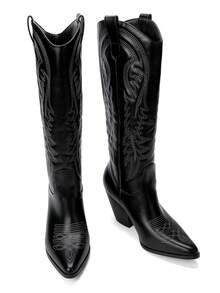 Giày bốt cao đến đầu gối dành cho nữ, mũi nhọn, gót dày, kiểu dáng cổ điển phương Tây, màu đen, thêu họa tiết. - màu đen - Xem 2