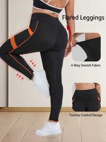 Plus Size Women High Waist Lifting Yoga Pants, Contrast Color Design, Side Pockets, Tight Fit Leggings For Running, Training, Casual Sports - Orange - View 4