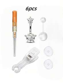 6 piezas Kit de perforación del ombligo, incluye aguja de cánula y anillos de ombligo de circonita cúbica de 14G - Multicolor - Ver 17
