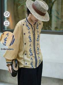 春夏新款刺绣系带流苏七分袖上衣，艺术复古波西米亚风百搭轻盈优雅上衣，适合情人节约会、下午茶聚会、乡村音乐节等场合。 - 薑色 - 查看 9