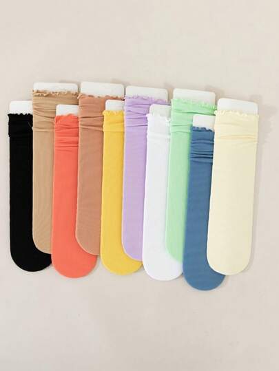 10 Pairs Women's Lace Trim Ankle Socks, Foldover Cuff Knit Short Socks, Super Thin Breathable For Summer, Vibrant Color Matching Adds Youthful Vitality, High Elasticity No Heel Design For Snug Fit, Non-Abrasive. 10 Pairs Random Mixed Colors, Socks Only Shipped Without Cardboard.