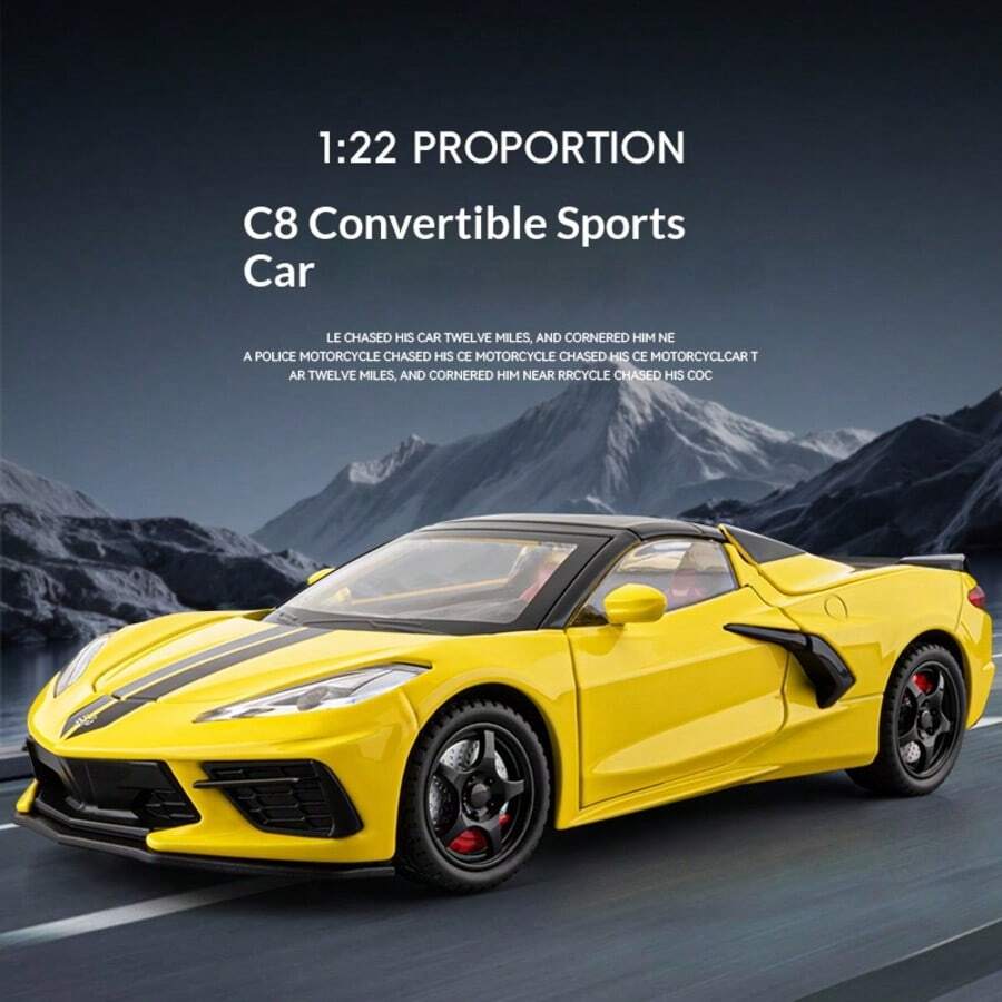 1pc 1:22 Scale Collectible High-Detail Alloy Die-Cast & Rubber C8-Style Sports Car Model, Modern American Supercar Style Multiple Color Options (Glossy Black With White Racing Stripes / Vibrant Red With White Racing Stripes / Bright Yellow With Black Racing Stripes) Mid-Engine Coupe Shape With 5 Openable Doors - Multicolor - View 1