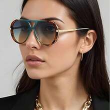 1pc Oversized Aviator For Women Men Retro Double Bridge Metal Aviators For Women ,Large Big Double Beam Designer Fashion Vintage Shades Retro - 藍卡色 - 查看 4