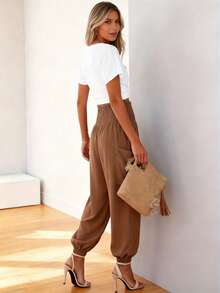 Elegant Women's Pants, Pure Color Elastic High Waistband With Pockets,  Daily Casual Pants, Fashionable Women's Clothing For Spring And Fall - 卡其色 - 查看 2