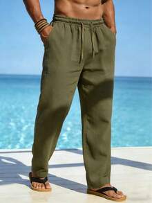Pantalones de lino sueltos con cordón y bolsillo de unicolor para hombre, cómodos para primavera, verano, otoño e invierno - Verde militar - Ver 3