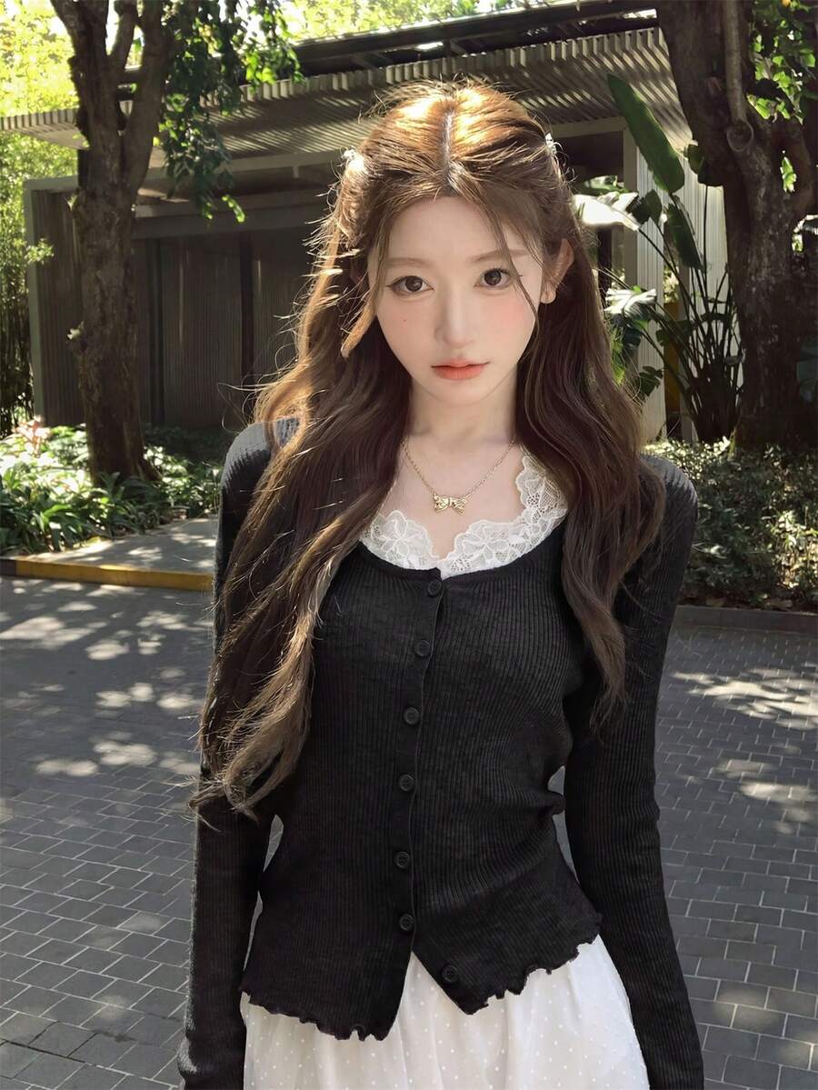 灰色蕾丝拼接圆领开衫，女士春夏新款修身长袖薄针织毛衣，黑色 - 黑色 - 查看 1