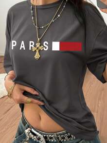 Women's Paris Letter Print Loose Comfortable Round Neck Casual Top, Summer - Dark Grey - View 3