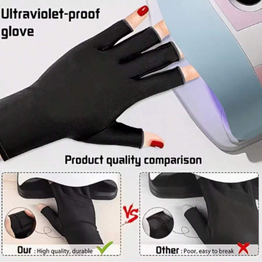 1只黑色美甲手套，UPF 50+ 防紫外线，露指设计，透气面料，可在美甲和凝胶指甲固化过程中保护双手。