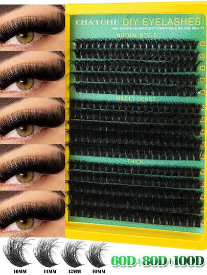 300/200/60pcs Fluffy D-Curl Eyelash Clusters, 60D+80D+100D DIY Eyelash Extension Kit, Super Curly & Natural, Long-Lasting & Durable, Ultra-Lightweight & Soft, Reusable, Suitable For Beginners, Daily Wear, Parties, Travel, Halloween, Etc.