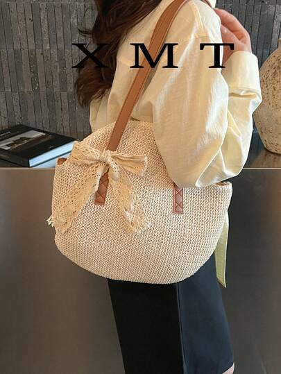 女士夏季沙滩手提包 - 草编设计纯色围巾装饰，大容量敞口手提包，涤纶材质，适合休闲外出和海滩度假，沙滩手提包，旅行配件，波西米亚风，编织纹理，大容量手提包，度假必备，工作和返校季的理想之选，女士波西米亚风穿搭，沙滩包，草编包，假日单肩包